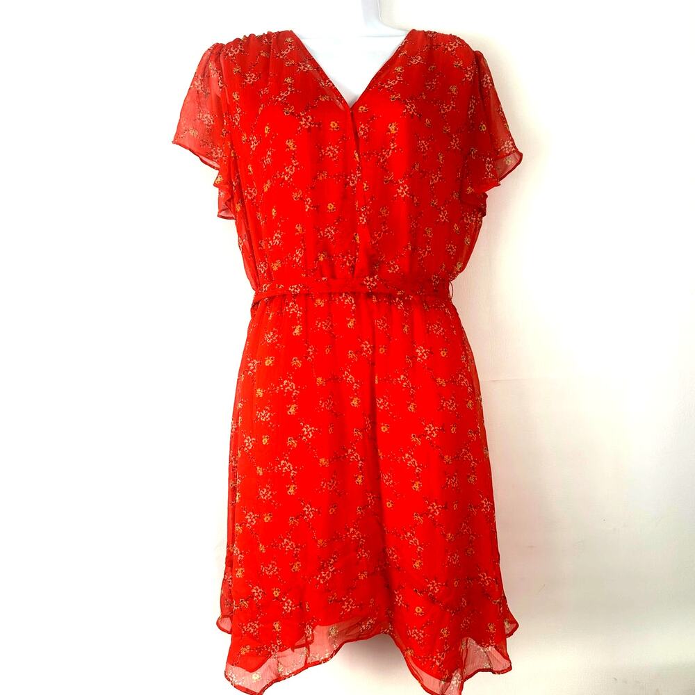 Vince Camuto Women's Red Printed Dress, Sheer With Lining, Tie Belt, Size 8